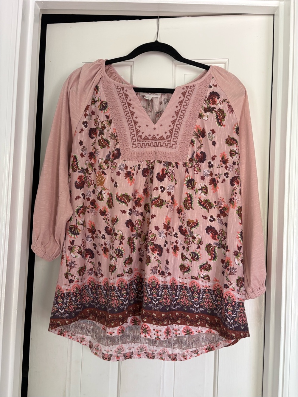 Pink Floral Embroidered V-Neck Women's Tunic Top